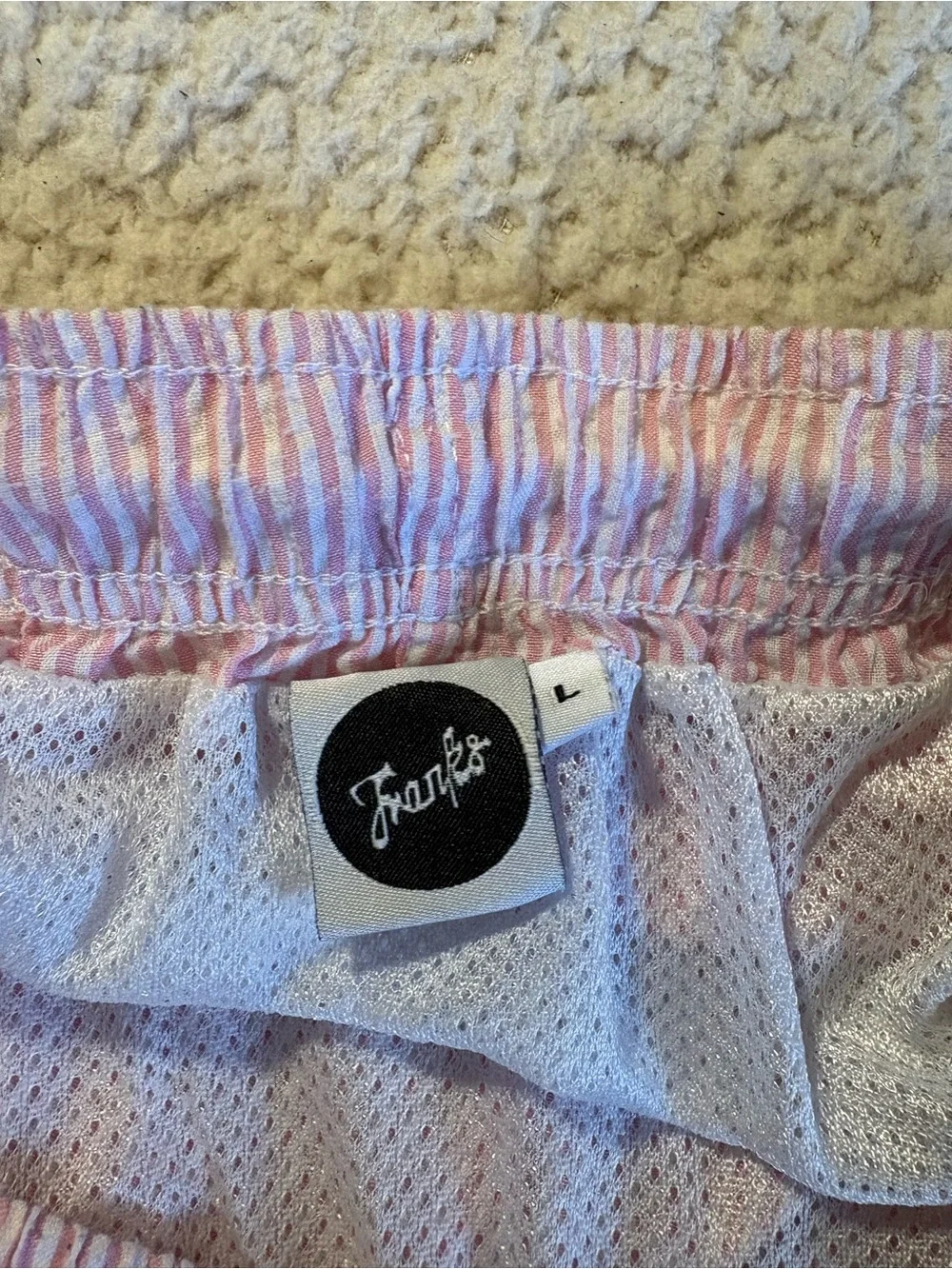 Frank’s Pink and White Striped Men’s Swim Trunks L